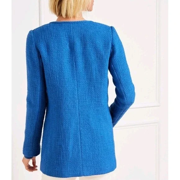 Talbots Tweed Topper Coat Braided Trim Patch Pockets In Blue 4 Petite - Picture 2 of 13